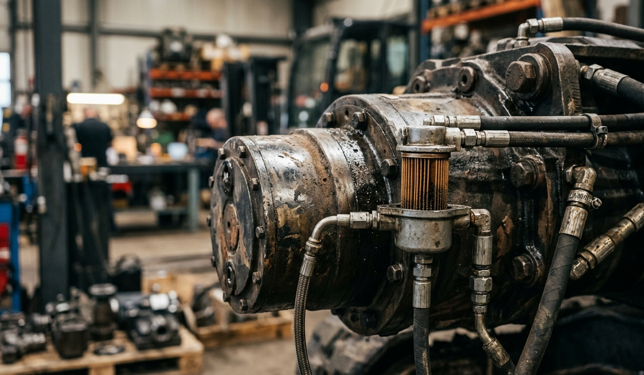 Final drive motor with inline case drain filter and hydraulic lines in heavy equipment workshop