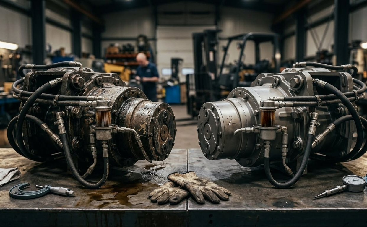 OEM vs aftermarket final drive motors side by side on workbench showing condition and build differences