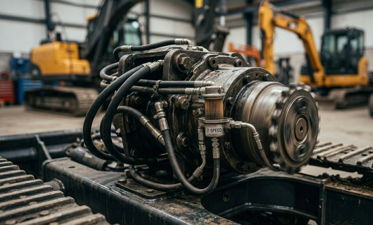 Two-speed final drive motor on mini excavator with hydraulic hoses and rotating drive hub in workshop
