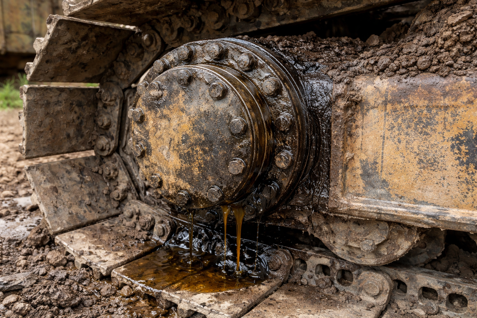 gear oil leak visible around excavator final drive hub on track frame